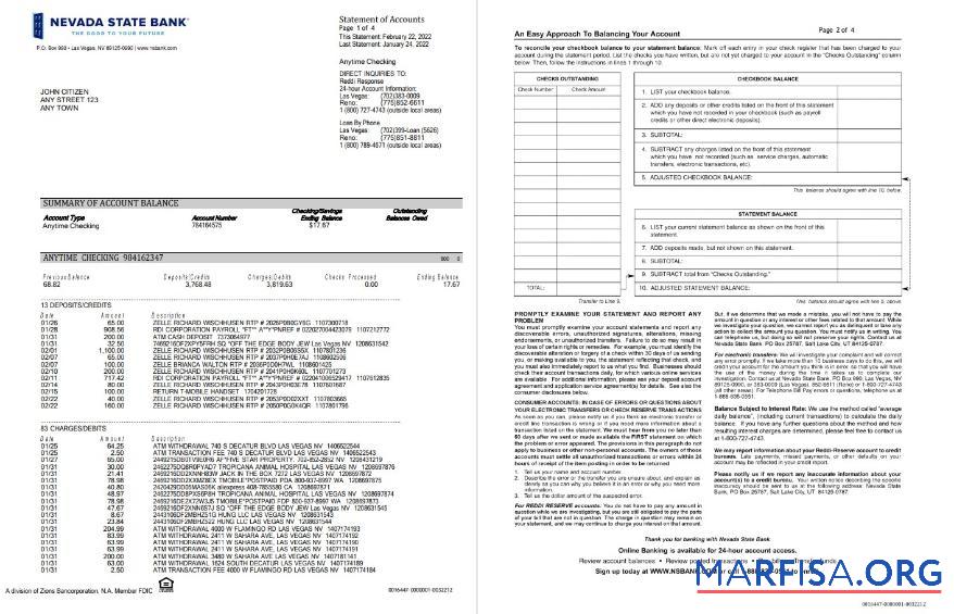 Blank USA Nevada State Bank anytime checking bank statement word 4 pages template
